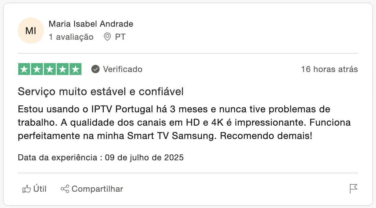 Maria Isabel elogia o IPTV Portugal por ser estável e confiável, com canais em HD e 4K na Smart TV Samsung