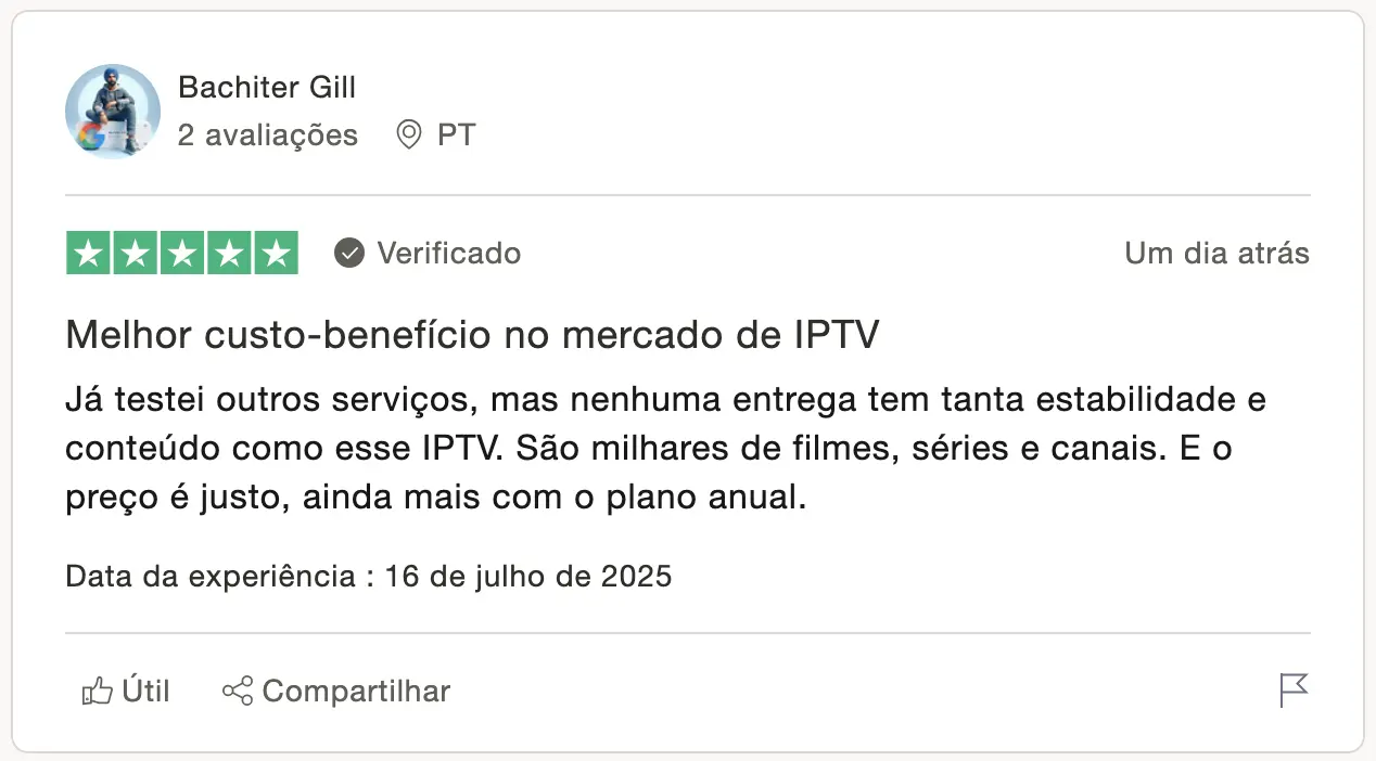 Depoimento de Bachiter Gill no Trustpilot avaliando IPTV Portugal como o melhor custo-benefício do mercado, destacando estabilidade, conteúdo variado e preço justo no plano anual