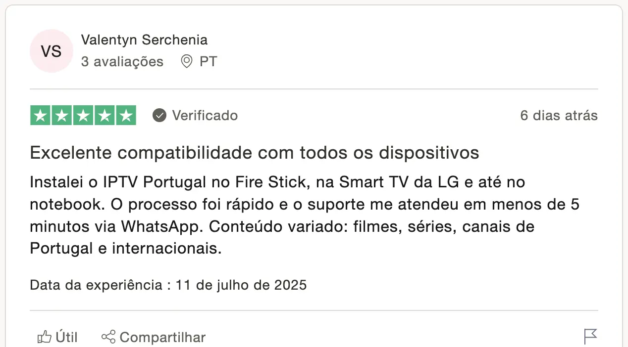 Valentyn Serchenia recomenda IPTV Portugal por excelente compatibilidade com Fire Stick, Smart TV e notebook