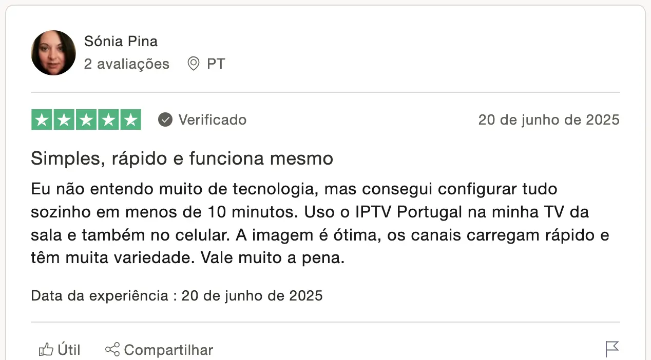 Avaliação Trustpilot de Sónia Pina sobre IPTV Portugal: fácil de usar, rápido e com ótima qualidade de imagem