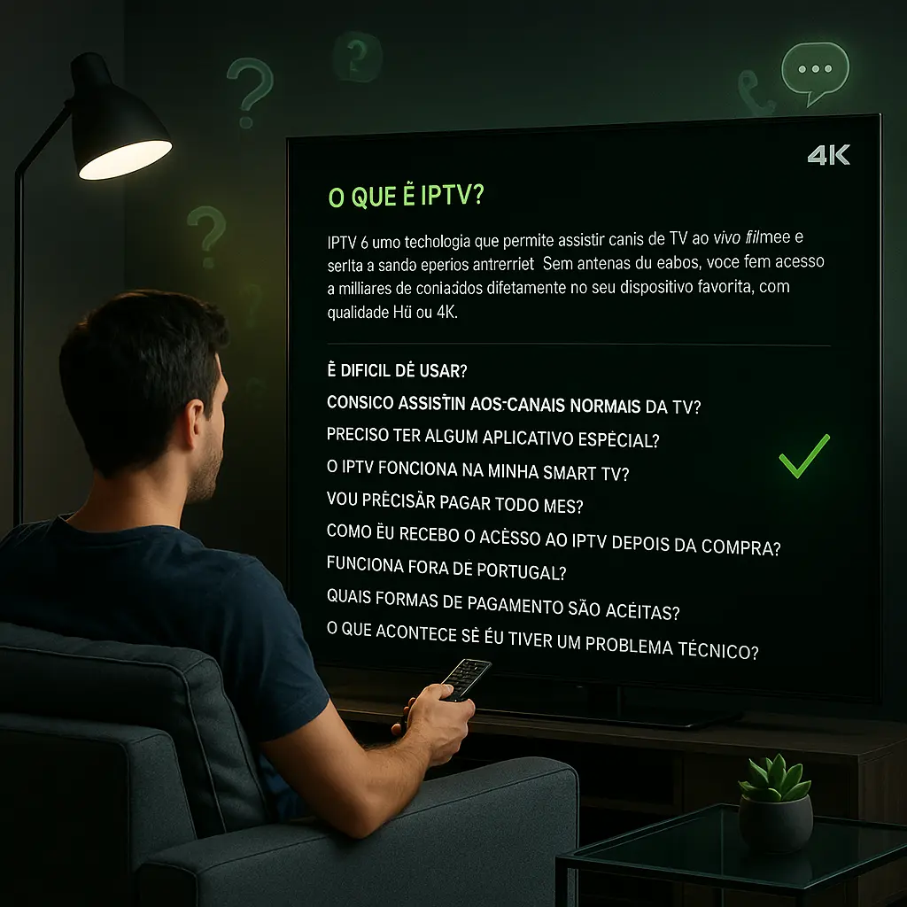 Homem sentado em um sofá moderno segurando um controle remoto, olhando para uma smart TV 4K exibindo uma lista de perguntas frequentes sobre IPTV em uma interface escura com destaques verdes. O ambiente é aconchegante e elegante, com iluminação suave e ícones sutis de interrogação e mensagens ao fundo, transmitindo sensação de tecnologia acessível e suporte confiável.